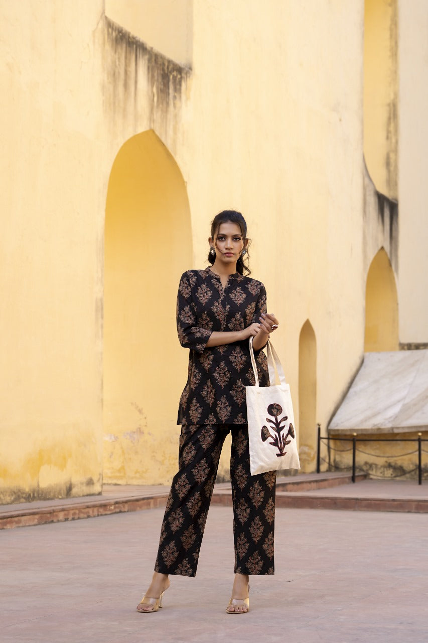 Black pure ajrakh cotton two piece cordset with bag (P1521)