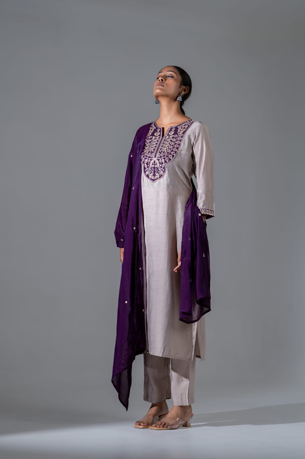 Grey with purple pure muslin three piece set (A610)