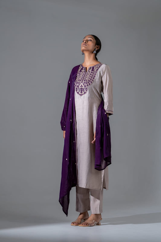 Grey with purple pure muslin three piece set (A610)