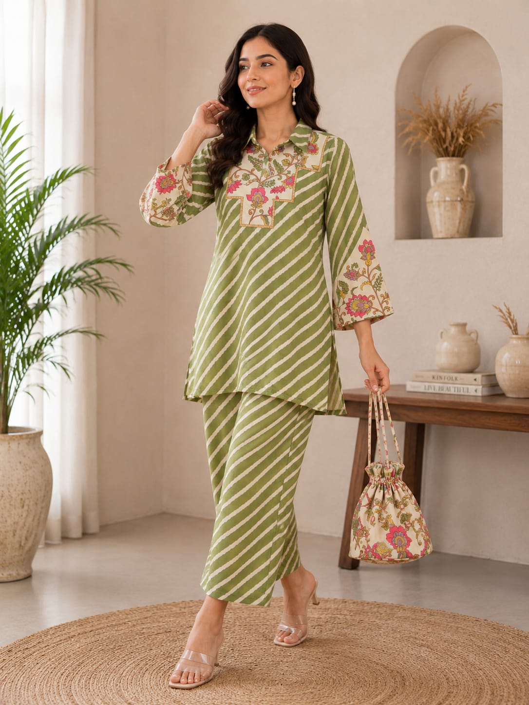Pure muslin Lehriya with potli smart two piece cordset (C600)
