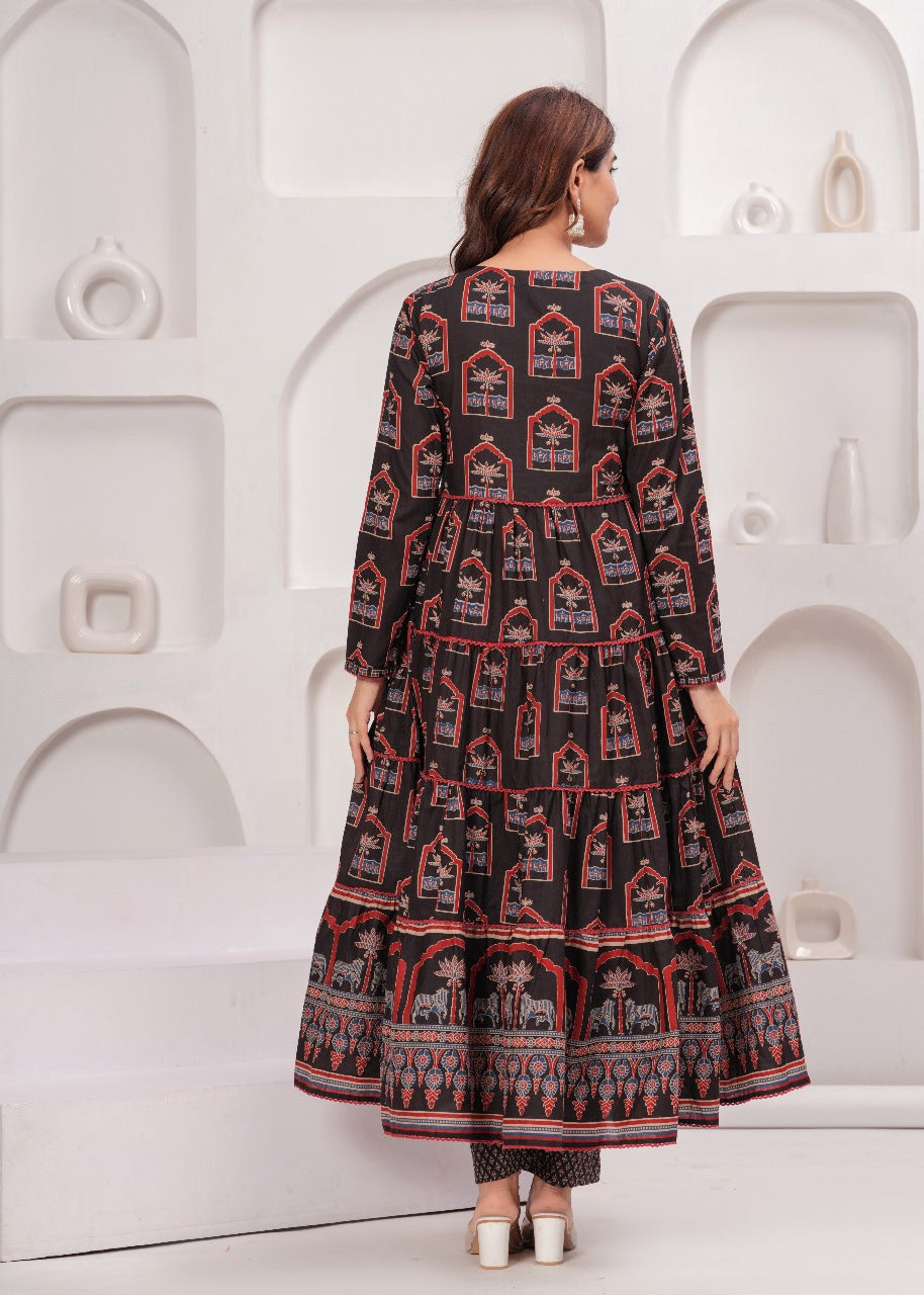 Black pure cotton pichwai print Anarkali three piece set (P545)