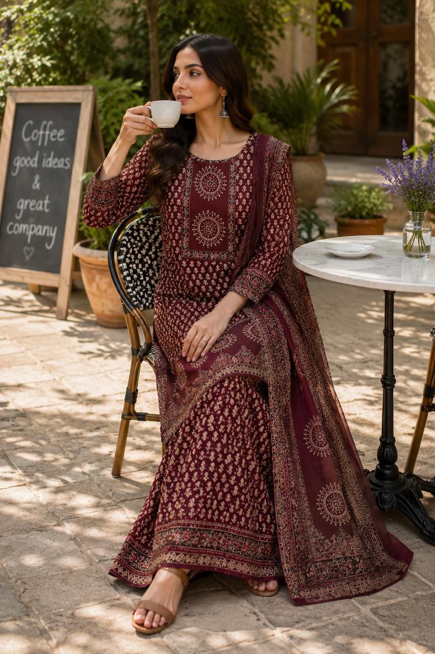 Pure cotton flared sharara with cotton dupatta three piece set (S174)