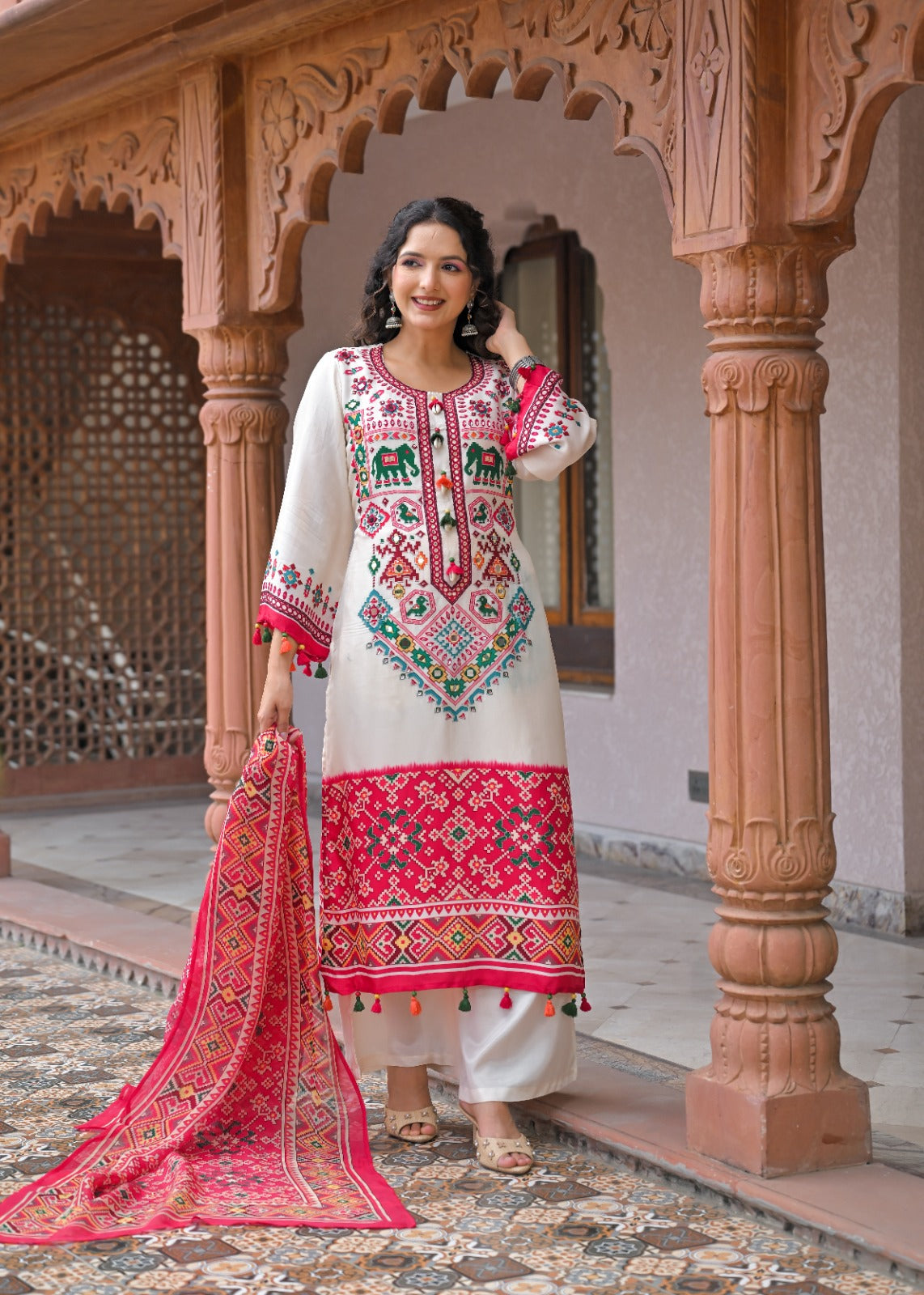 Pure Russian silk patola print with lining smart three piece set (C714)