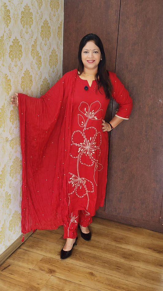 Red cotton linen fully thread work three piece set (A844)