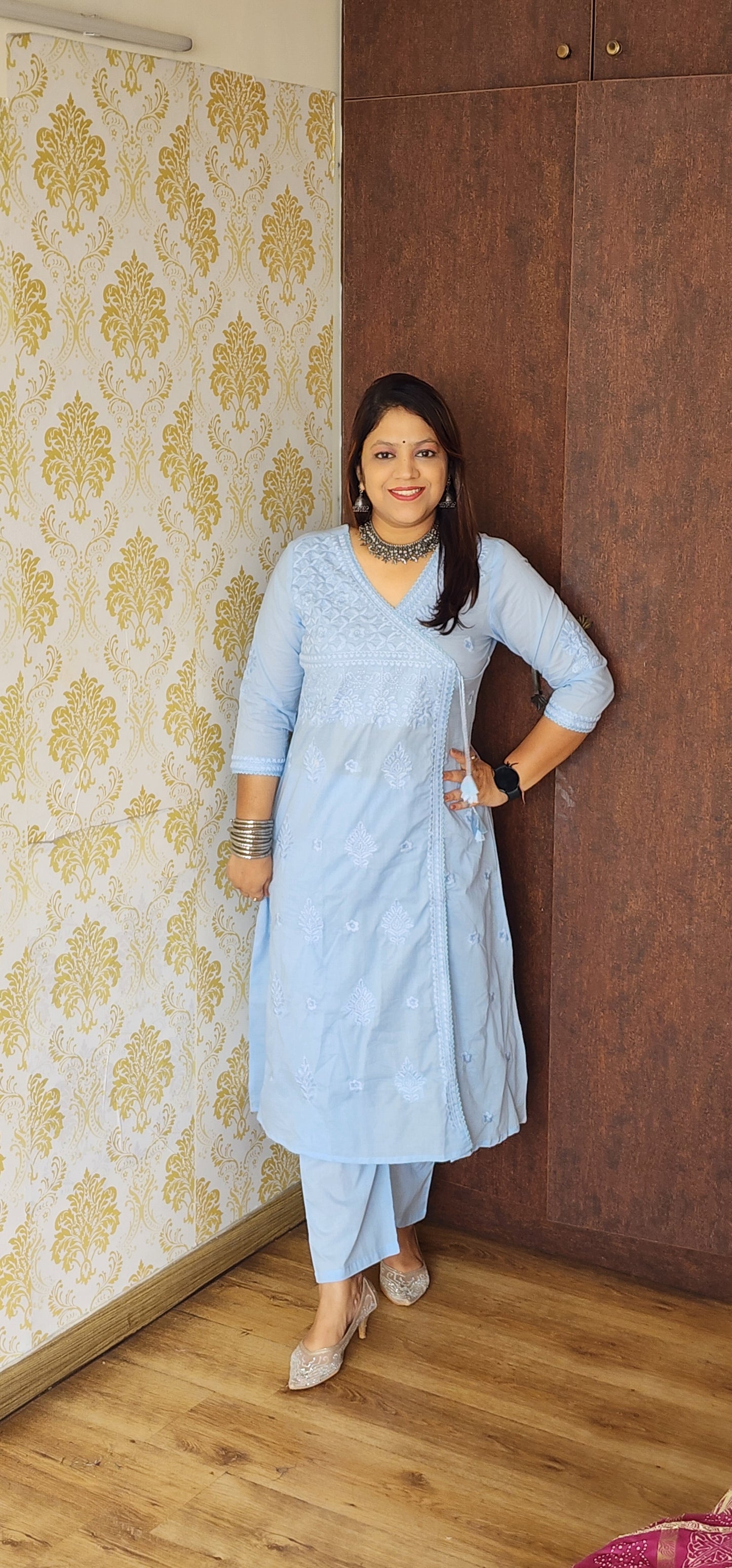 Powder blue chikankari kurta with pant (P181)