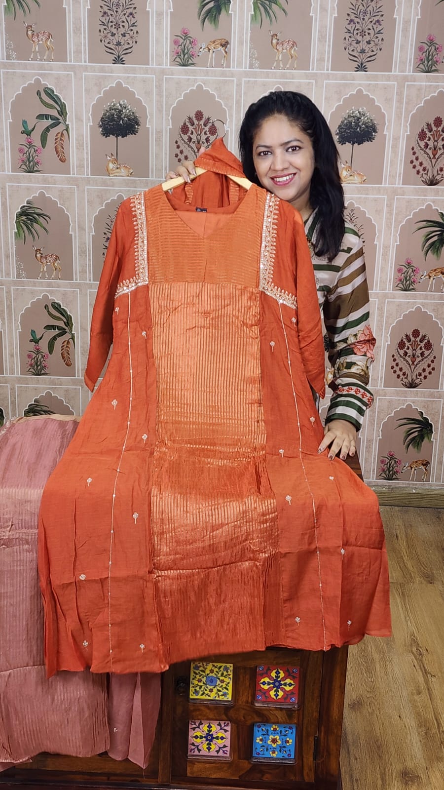 Pure banarsi mul chanderi A line three piece set (C778)