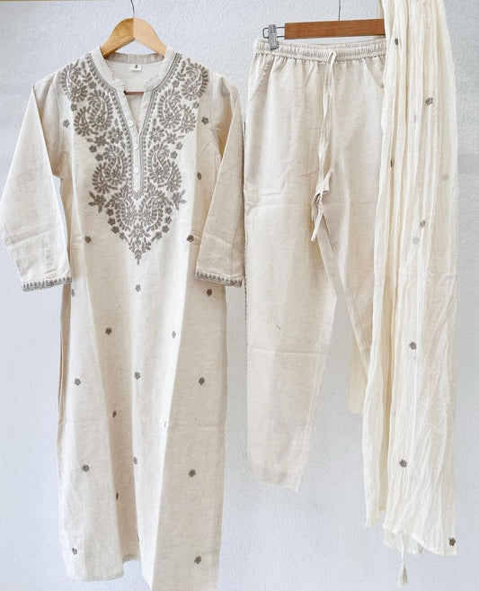 Off white cotton linen with embroidery three piece set (P294)