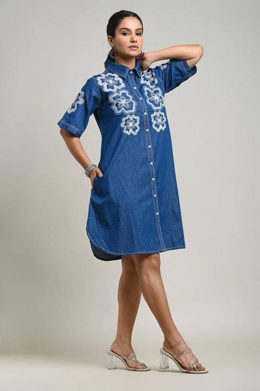 Denim Fully embroidered one piece dress (A1560)