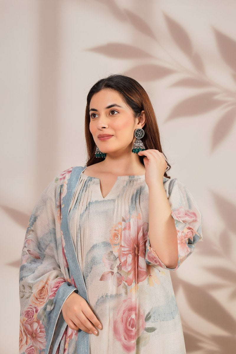 Premium cotton linen digital print smart three piece set (B559)