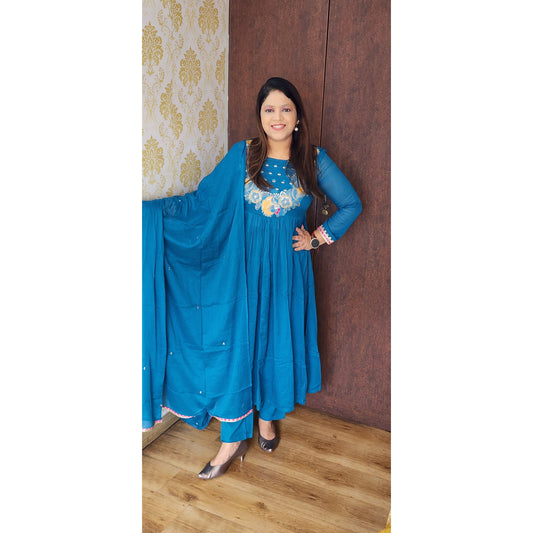 Firozi blue mul cotton three piece set (T68)