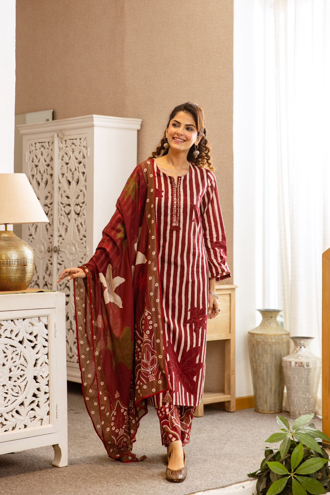 Mahroon pure cotton digital print three piece set A(1333)