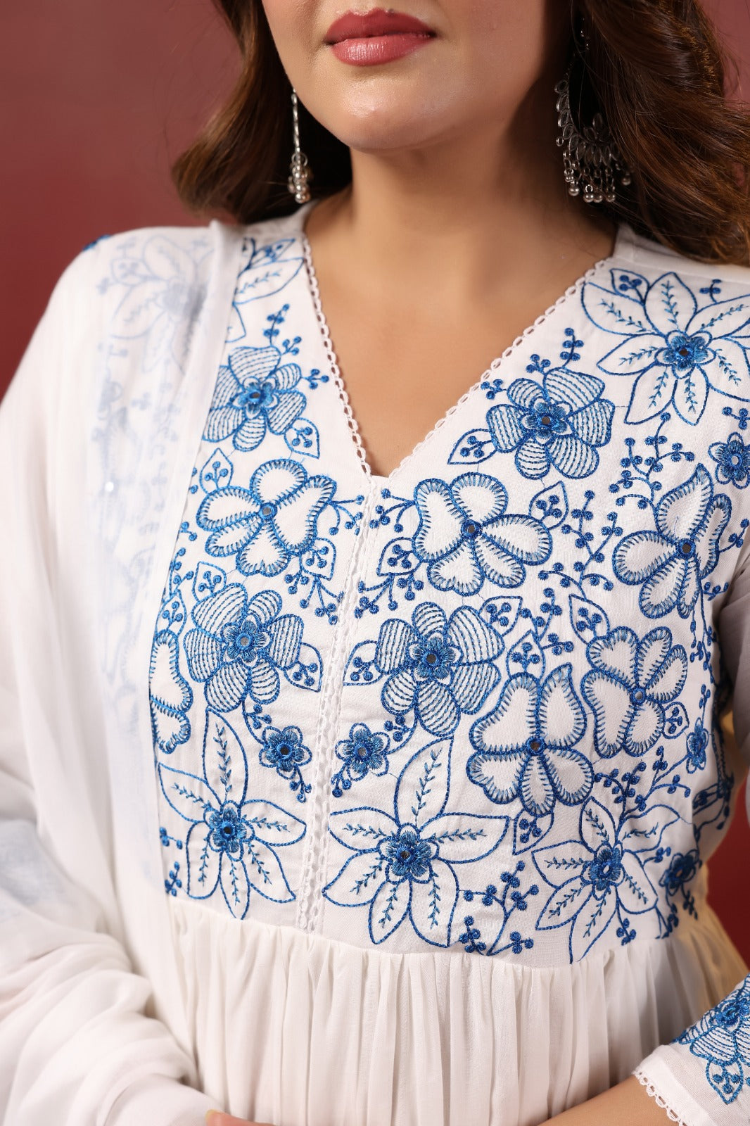 Milky white pure cotton with full lining and thread work flared three piece set (A1778)