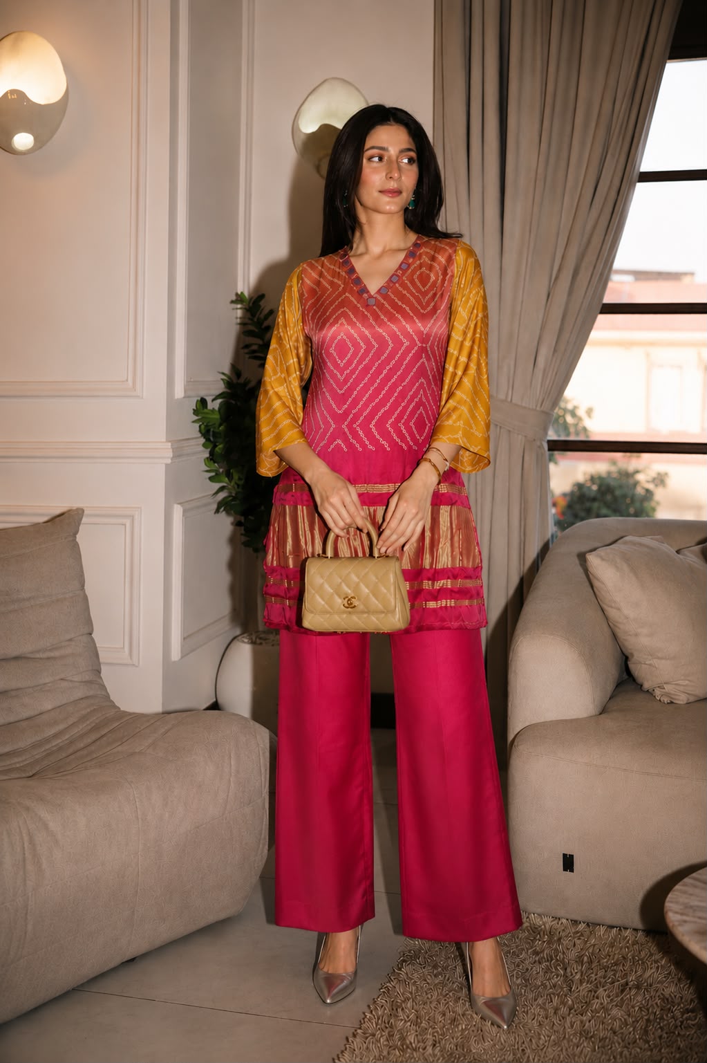 Pure gaji silk with lagdi patta border smart two piece cordset (S266)
