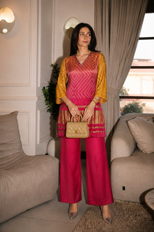 Pure gaji silk with lagdi patta border smart two piece cordset (S266)