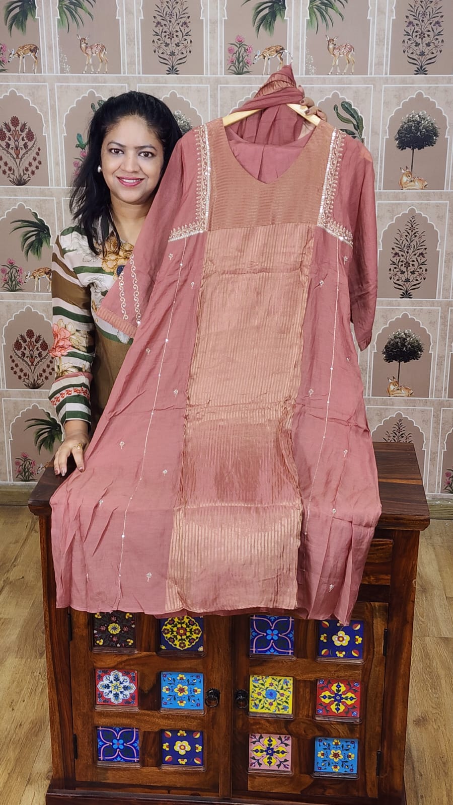 Pure banarsi mul chanderi A line three piece set (C777)
