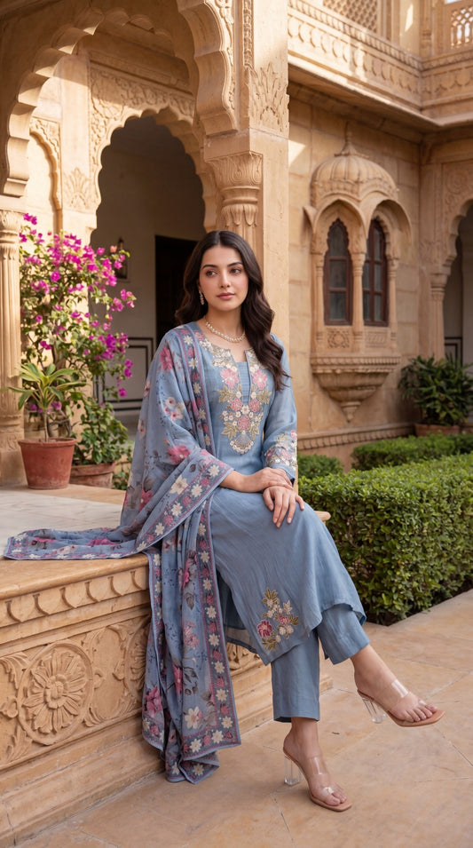 Crush cotton with lining fully embroidered and soft organza dupatta three piece set (B649)