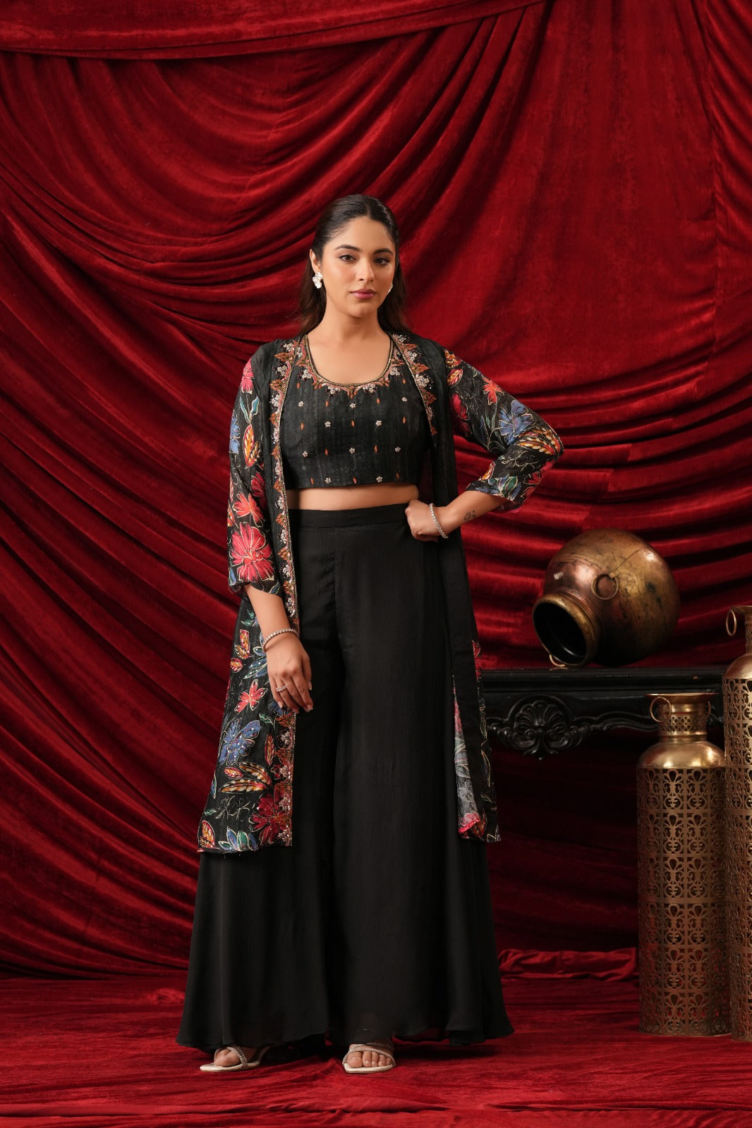 Pure chinnon with stylish shrug crop top smart three piece cordset (C307)