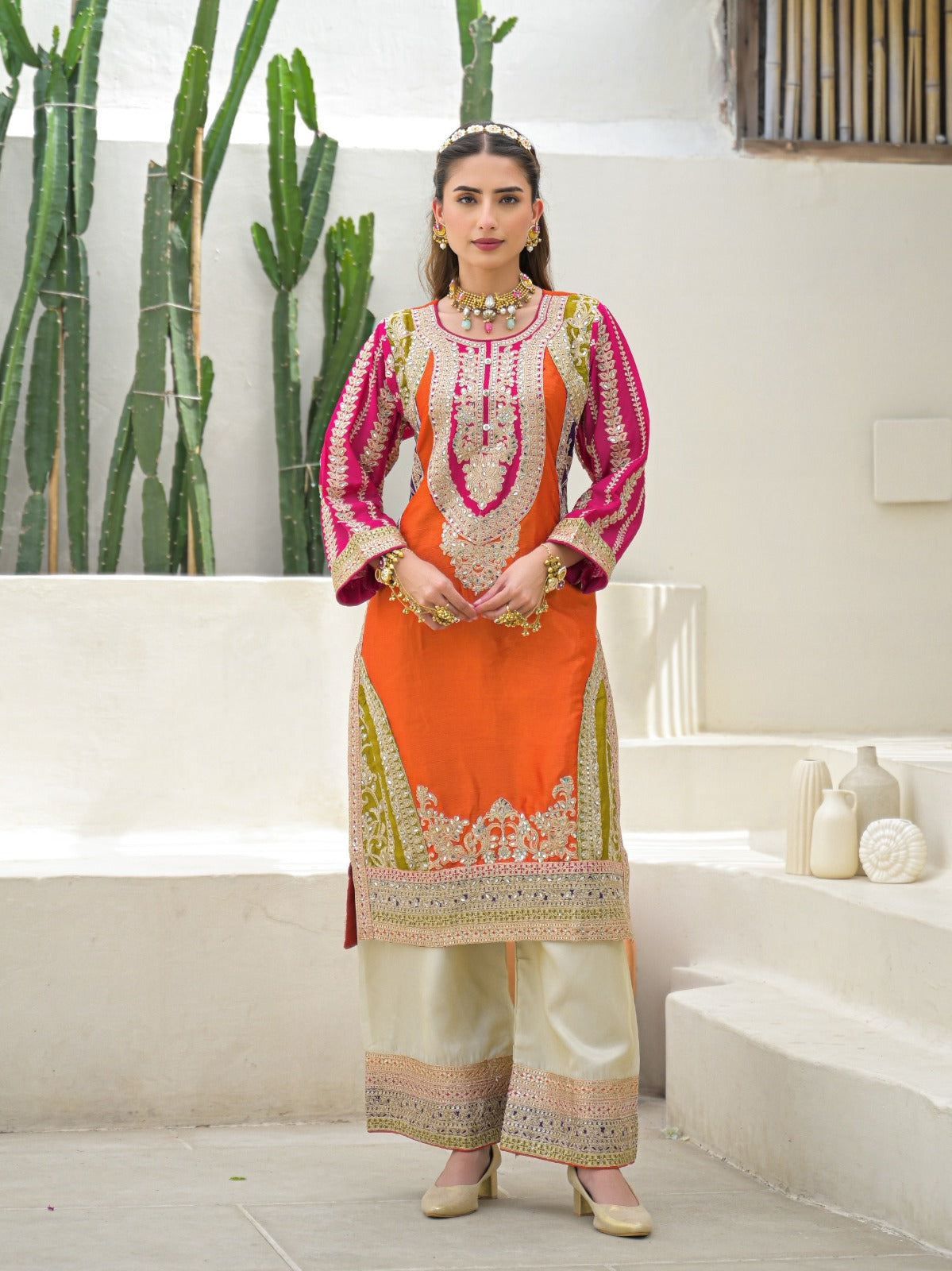 Pure chinnon full work orange based three piece set (A930)