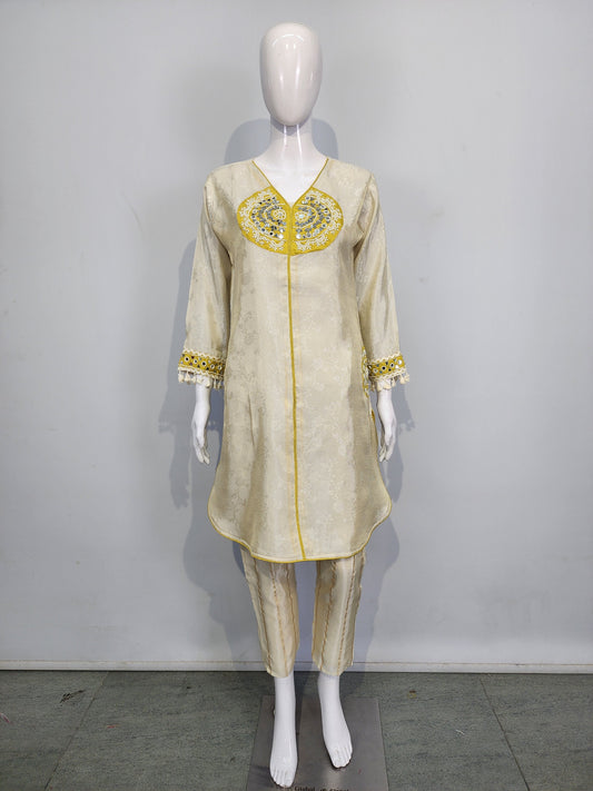 Pure tissue with lining and real mirror work designer two piece cordset (A502)
