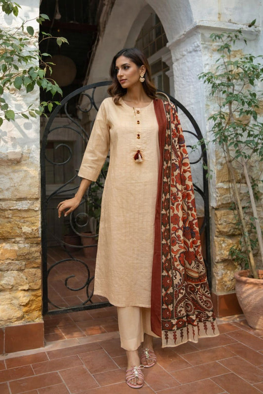 Cotton with pintex kalamkari print three piece set (B319)