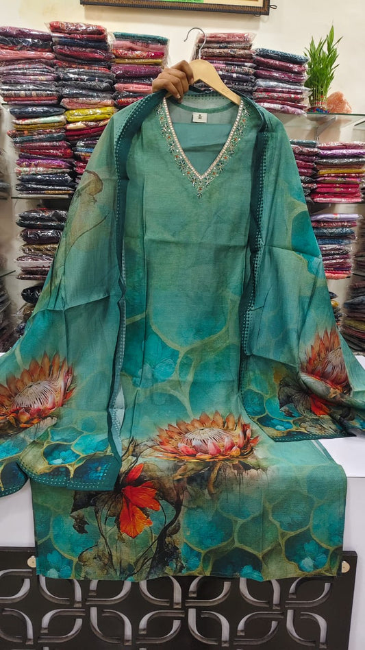 Sea green pure muslin three piece set (A1308)