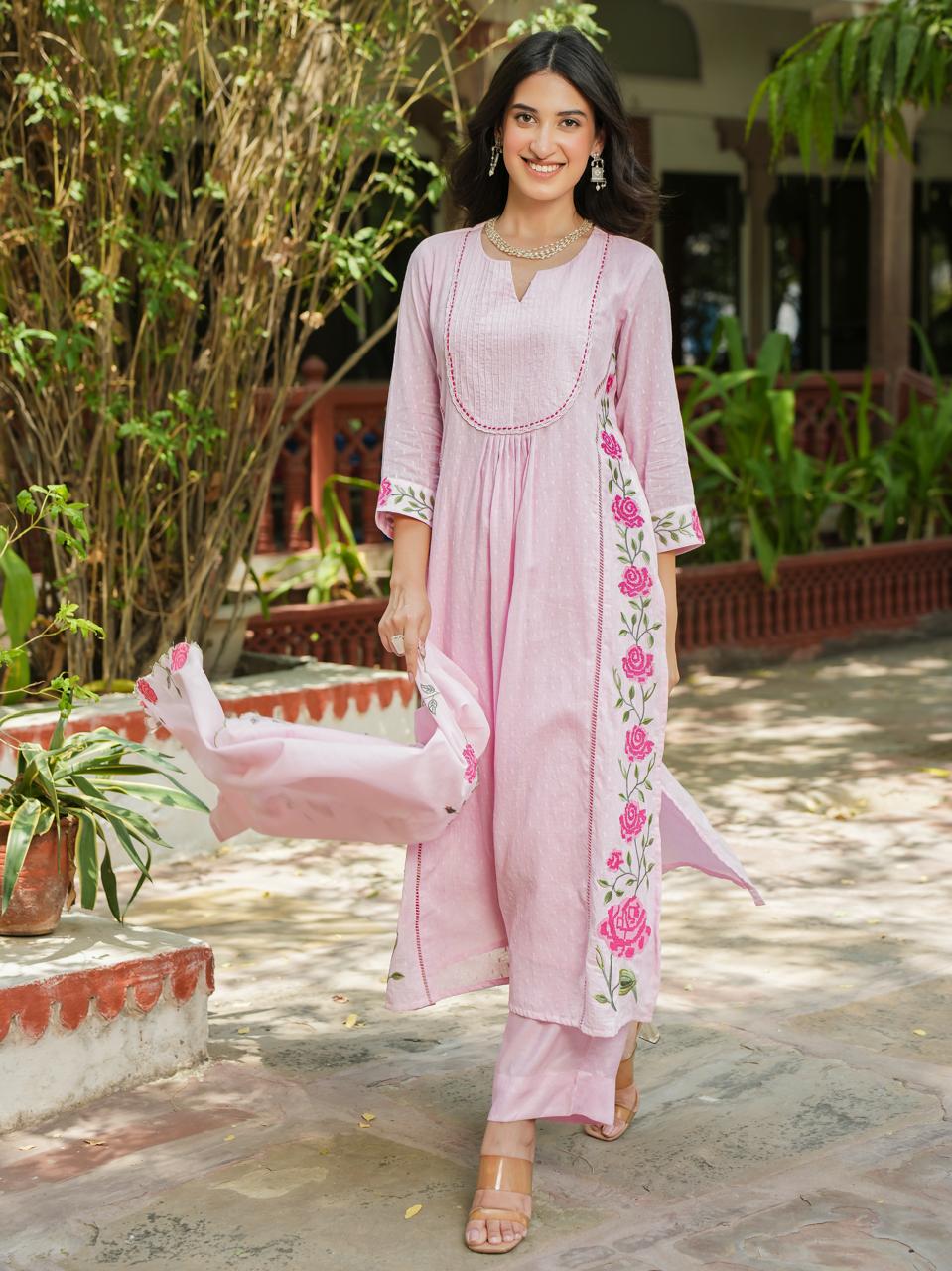 Pink dobby cotton with lining and full thread work three piece set (P663)