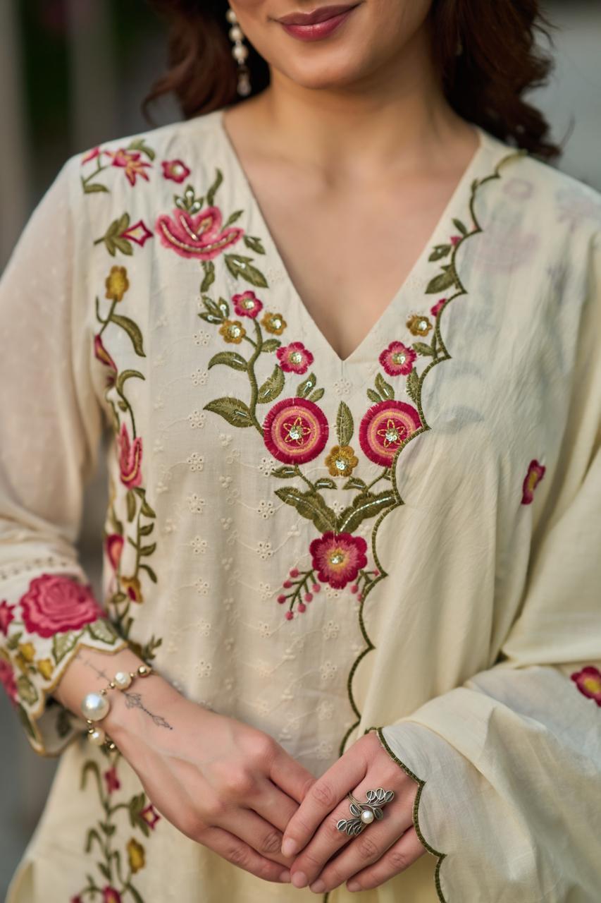 Cotton shifali with full thread work three piece set (B916)
