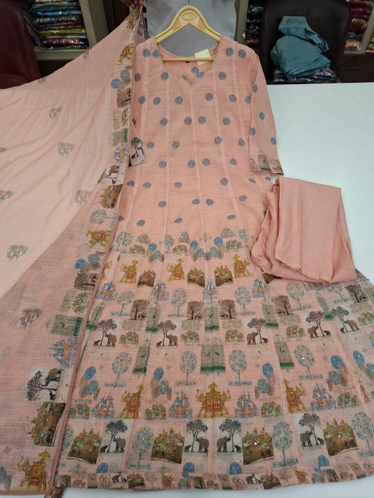 Soft chanderi a line with full katha work three piece set (B343)