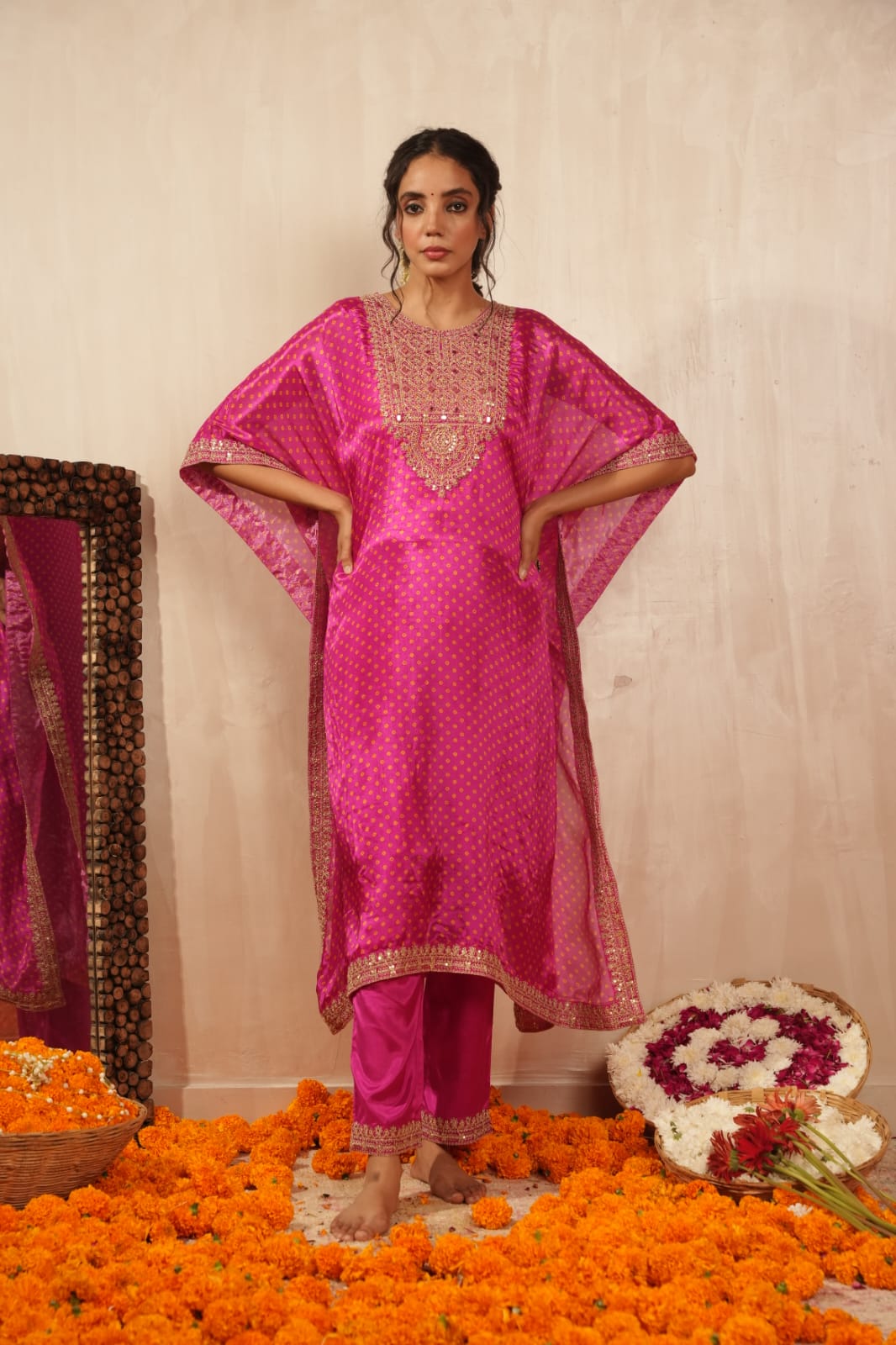 Rani pink pure crape with real mirror work bandani print kaftan set (P901)