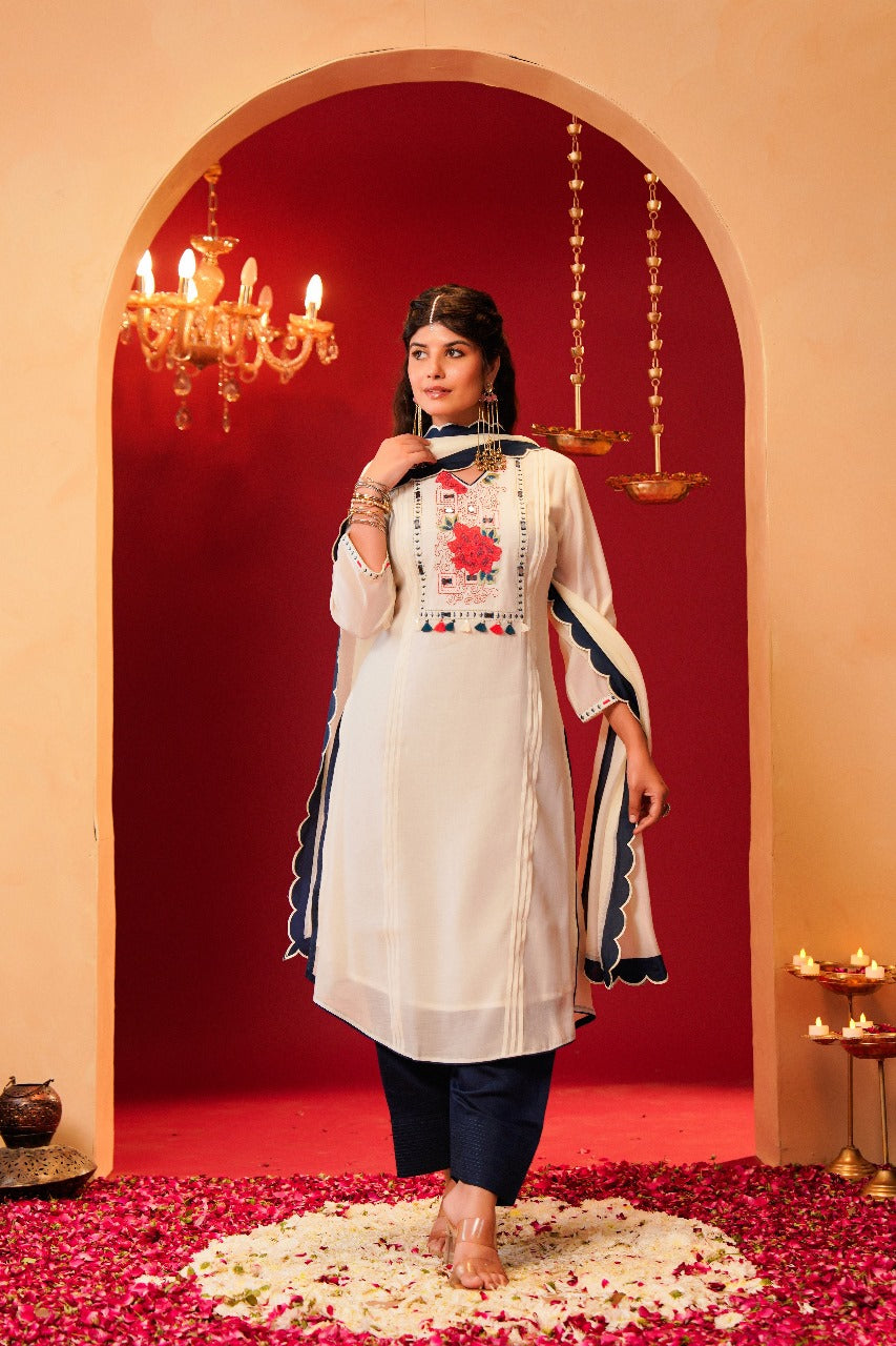 Blue and white pure Muslin with real mirror work and farshi salwar three piece set (A970)