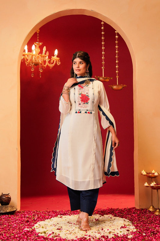 Blue and white pure Muslin with real mirror work and farshi salwar three piece set (A970)