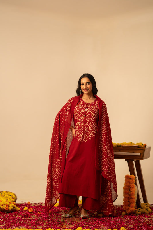 Mahroon bandani pure cotton three piece set (A1094)