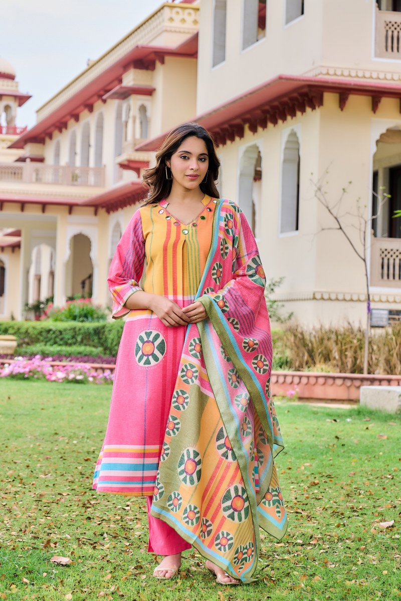 Cotton linen with real mirror perfect for summer three piece set (S143)
