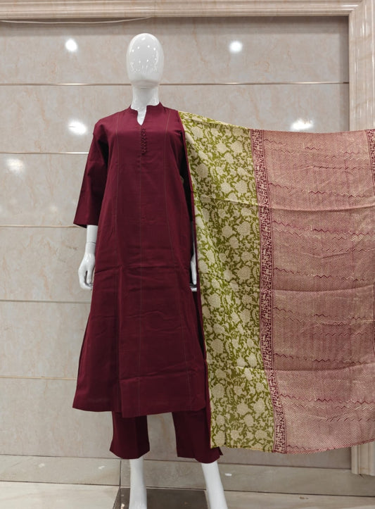 Cotton linen with kalamkari dupatta three piece set (B633).