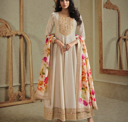 Off white silk shipa anarkali two piece set (P620)