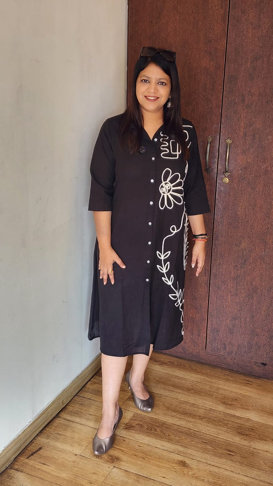 Handloom cotton with dori work smart one piece dress (A1860)