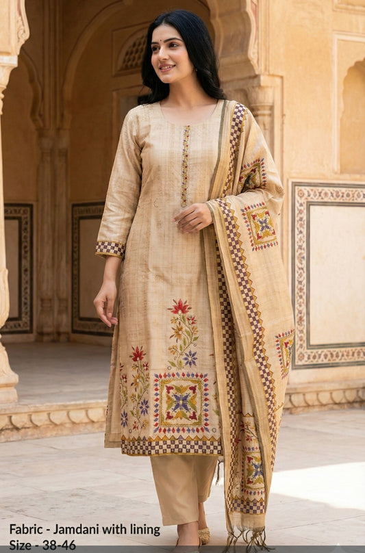 Jamdani with hand work mul cotton lining three piece set (B186)
