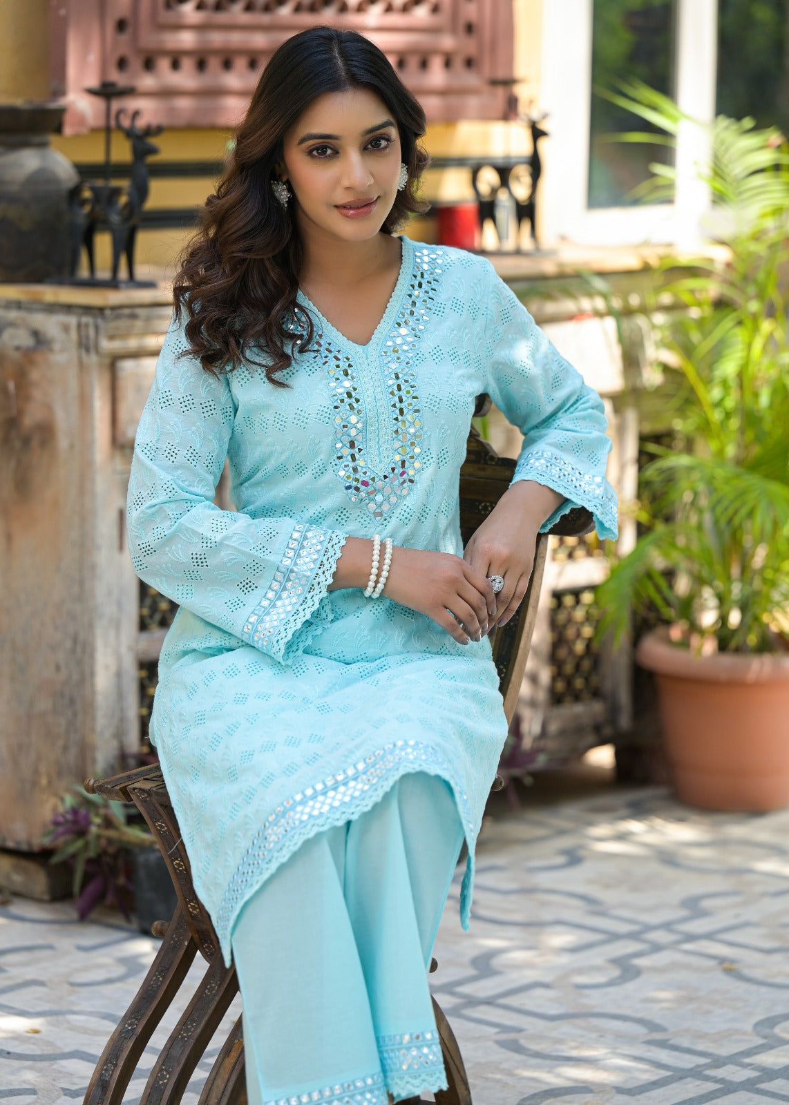 Powder blue hakoba with real mirror work two piece cordset (P2047)