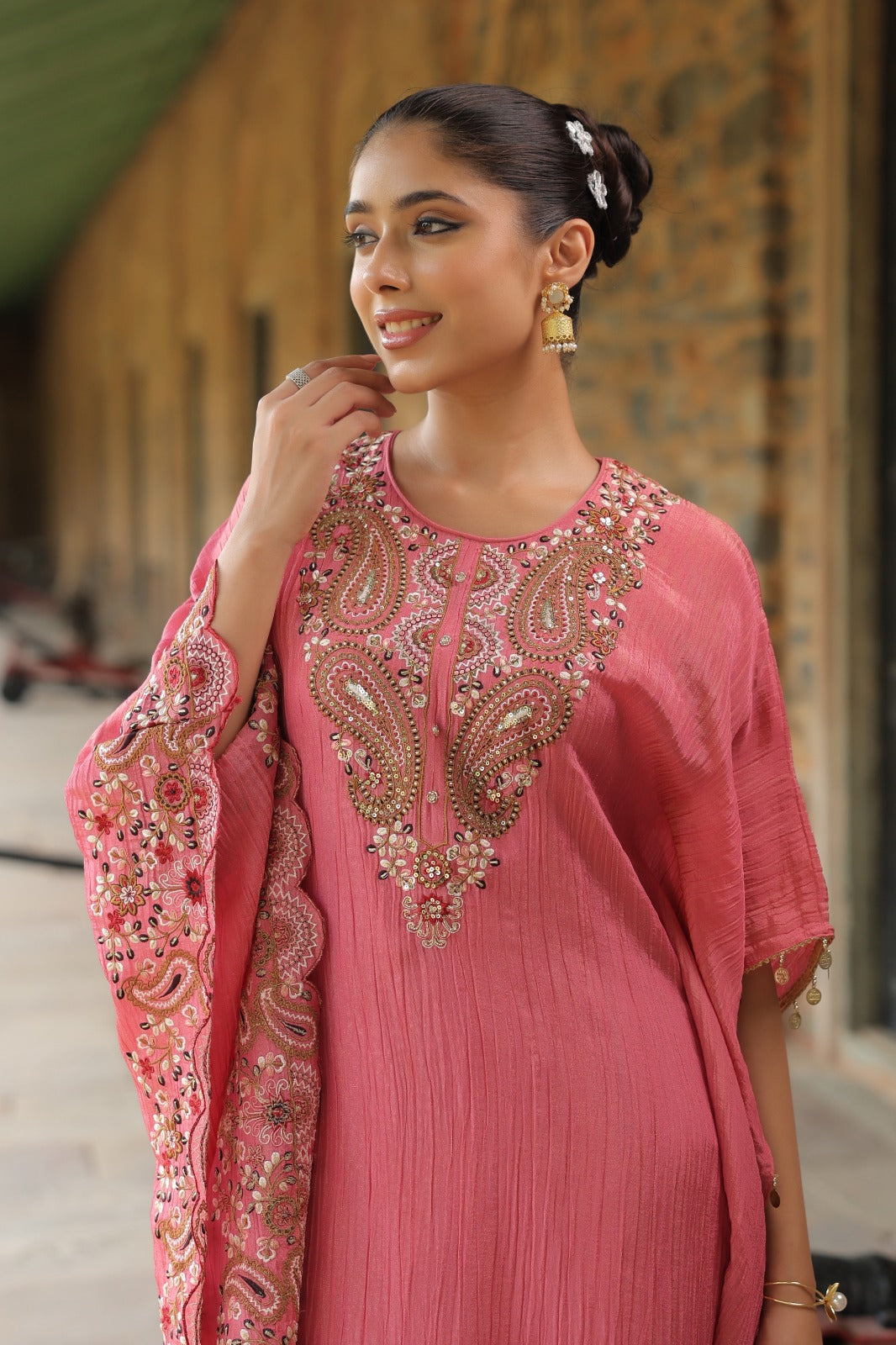 Blush pink pure curshed tissue with full parasi wark kaftan set (P917)