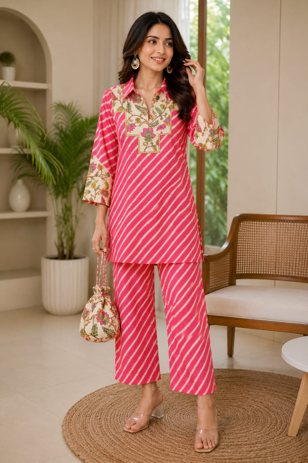 Pure muslin Lehriya with potli smart two piece cordset (C602)