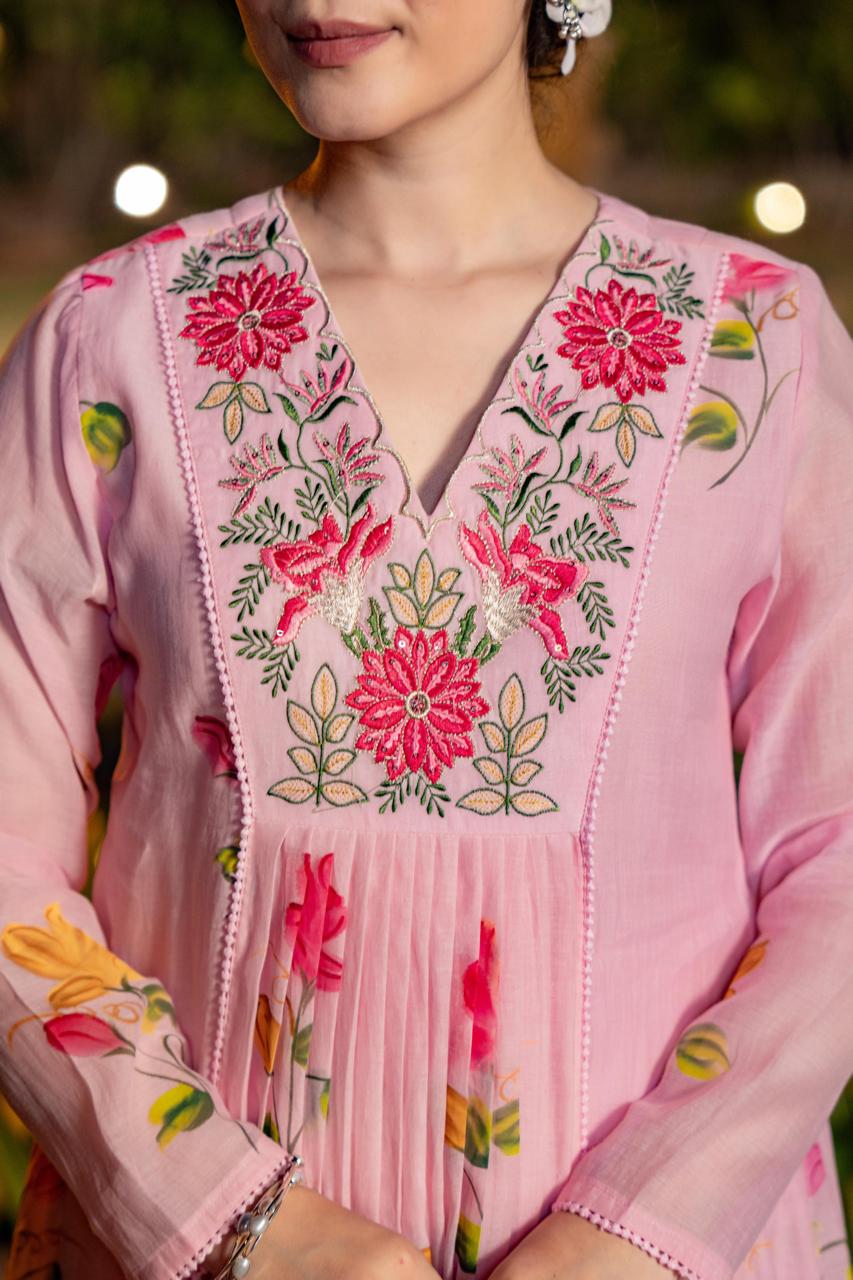 Pink pure mul chanderi with full thread embroidery on neck line designer three piece set (P1897)