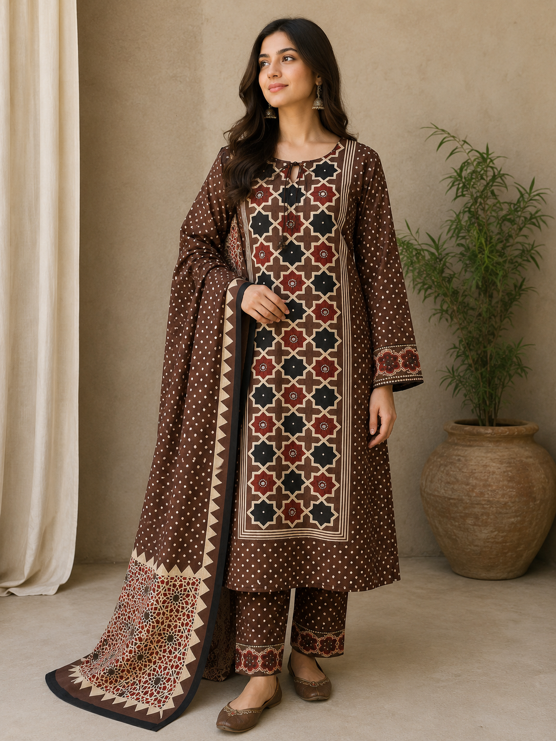 Pure cotton chocolate brown colour ajrakh print three piece set (B914)