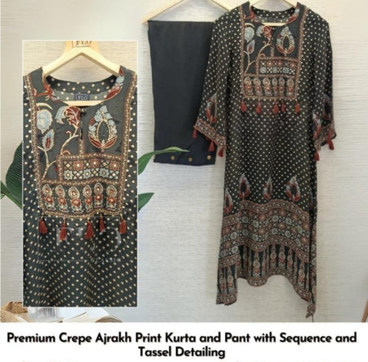 Pure crape silk ajrakh print two piece cordset (A1045)