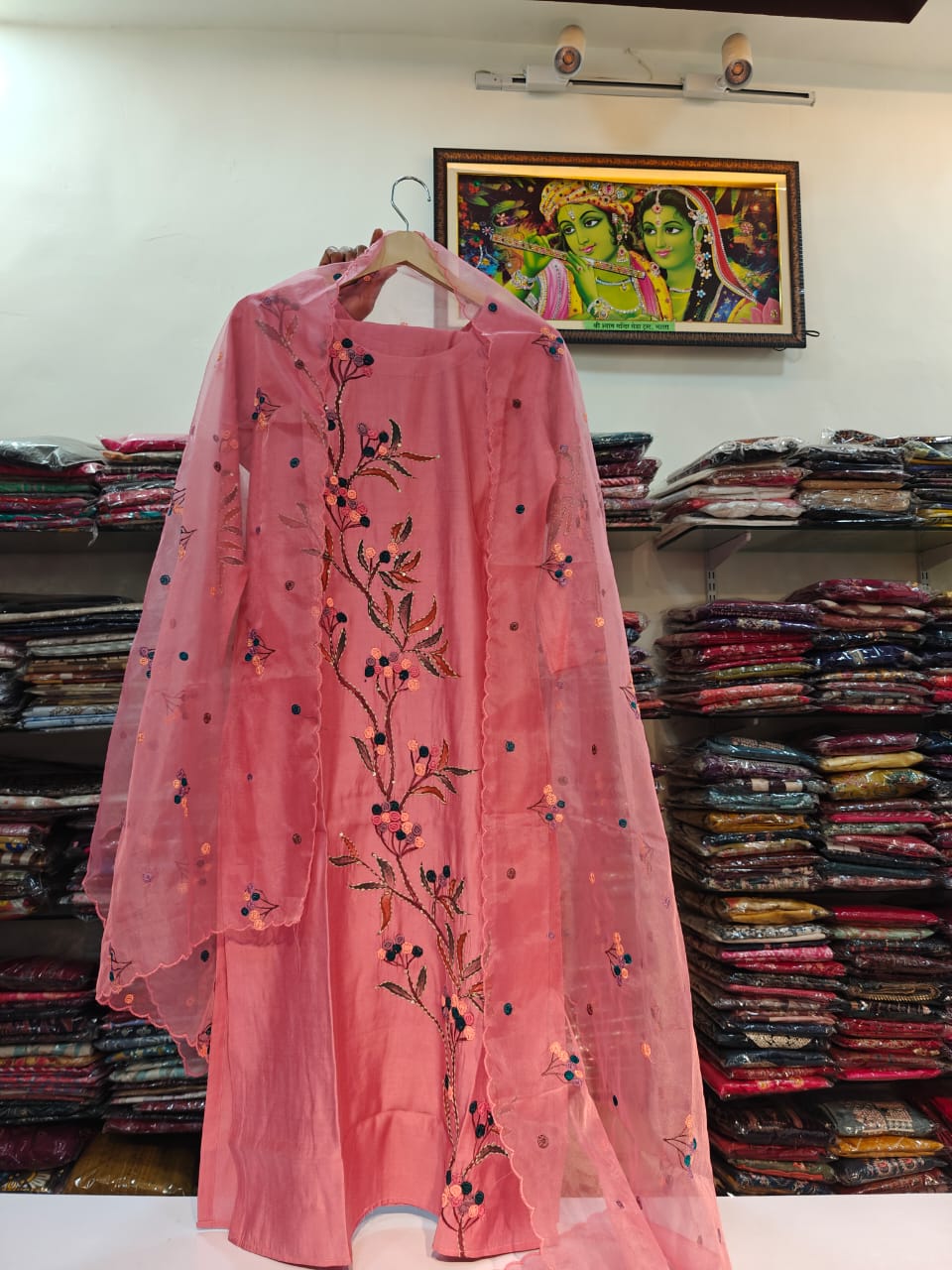 Pink pure muslin with thread work and organza dupatta three piece set (P1392)