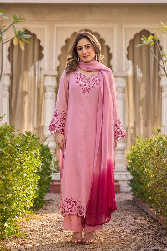 Mul chanderi with applique work and organza dupatta three piece set (A1940)