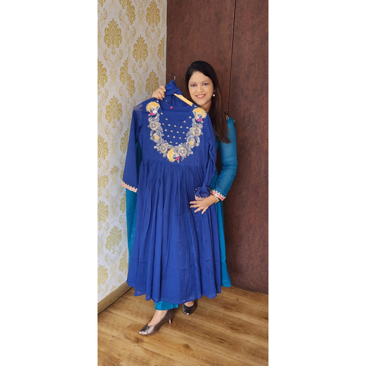 Dark blue mul cotton fully embroidered neck three piece set (T69)