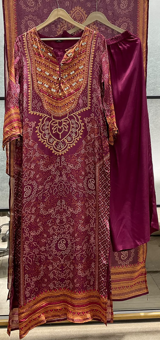 Pure crape with lining pheran pattern three piece set (C789)