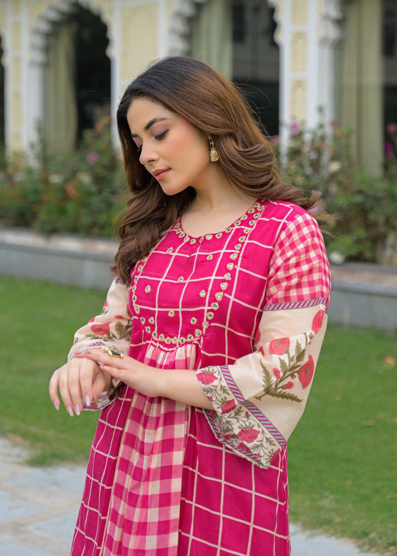 Pink mul cotton with lining A line pattern smart two piece set (S134)