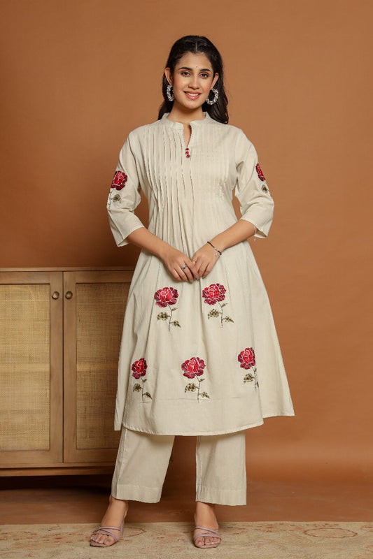 Fuller earth color pure cotton with cross stitch two piece set (P1935)