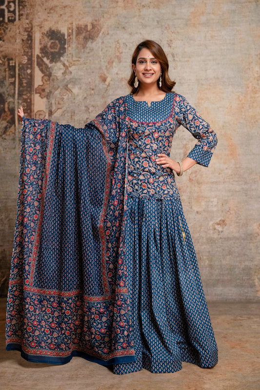 Pure cotton gopi dress flared skirt with kurta and dupatta three piece set (S273)